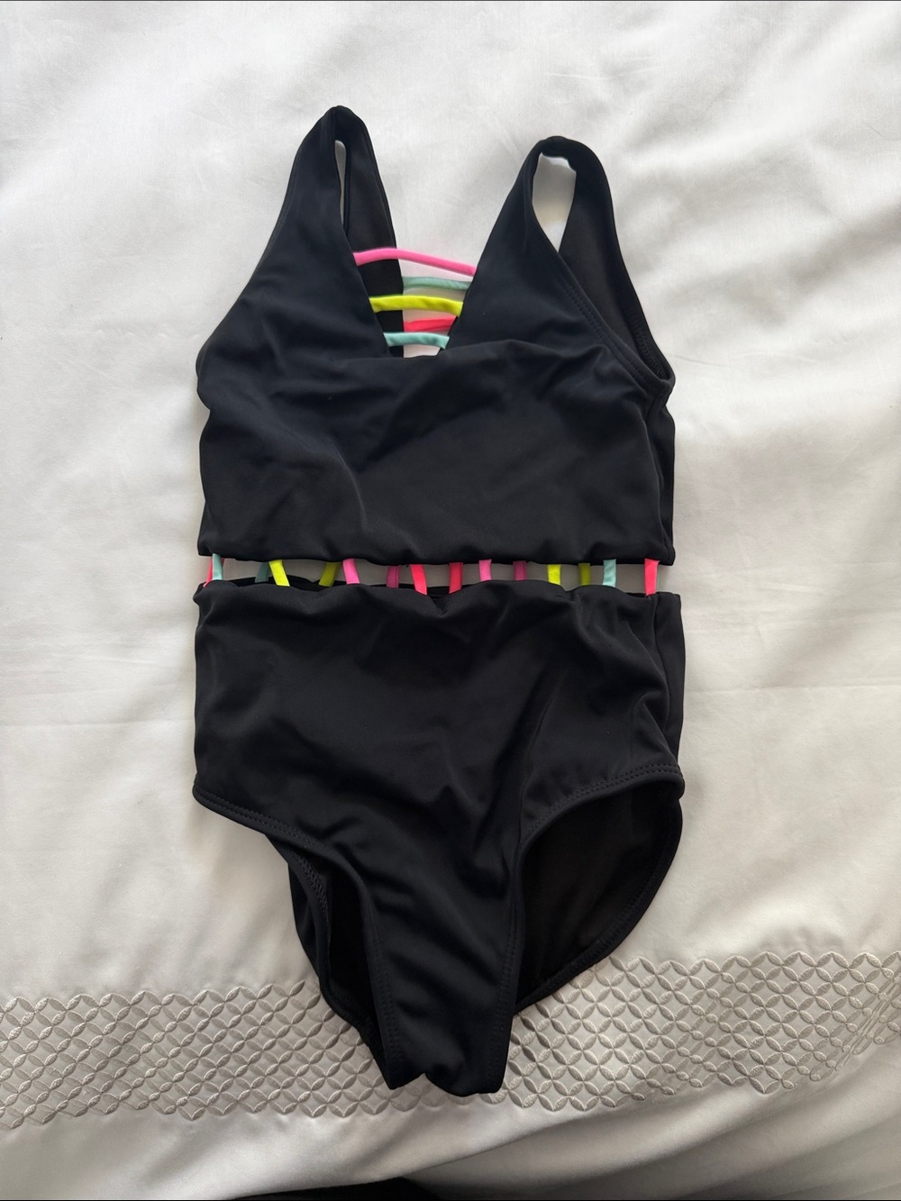 Peixoto Black One-Piece Swimsuit with Neon Pink, Yellow, Green and Blue Straps